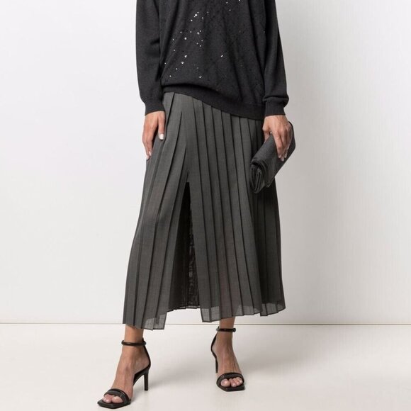 Brunello Cucinelli Dresses & Skirts - Brunello Cucinelli Charcoal Gray Pleated Skirt Wool Blend Slit Size 6 NWT $1,845